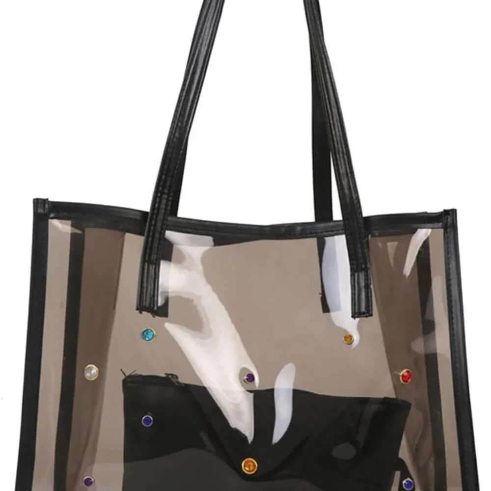 2Pcs Women's Transparent PVC Shoulder Bag Set Black for Beach Shopping